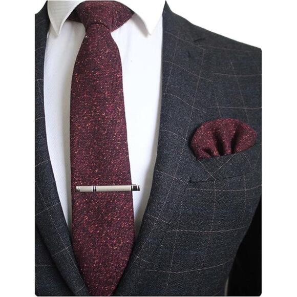 Solid Color Cashmere Wool Necktie and Pocket Square Tie Clip Sets for Men - Picture 6 of 6